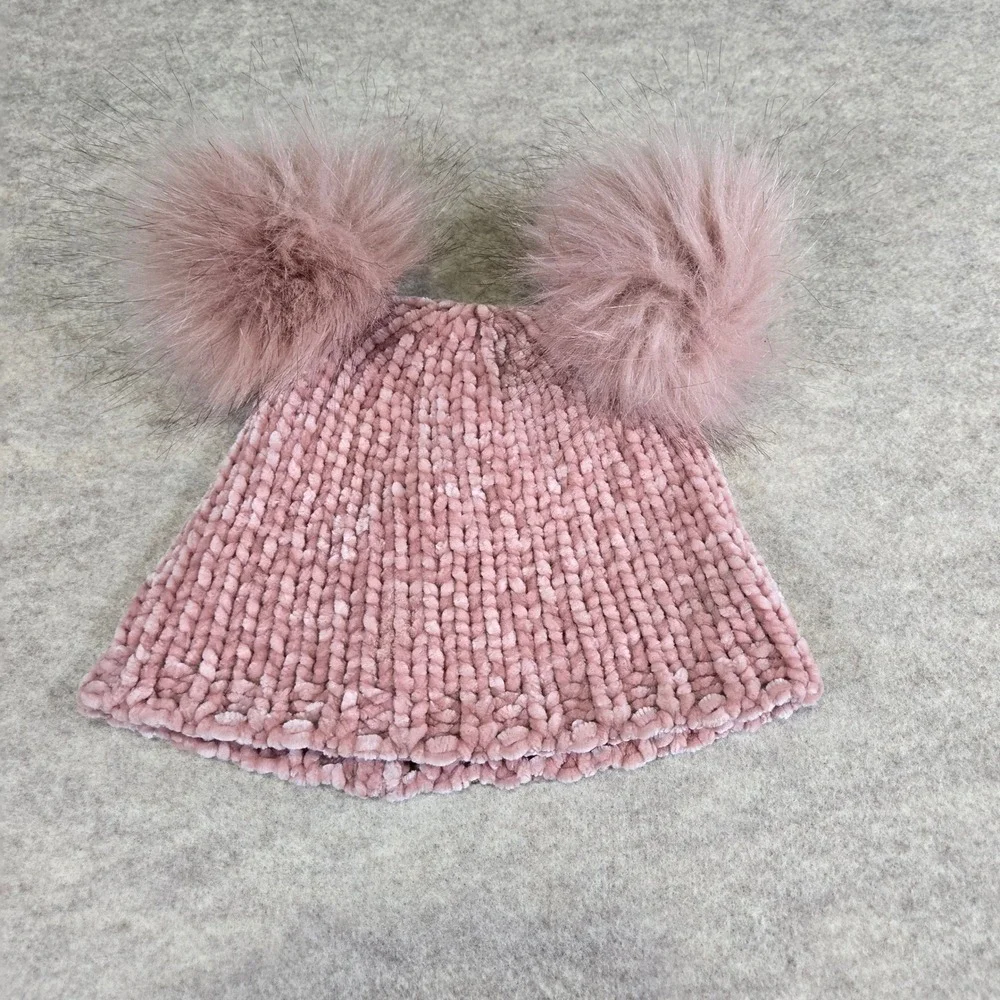 Dusty Rose Chenille Knit Double Pom Pom Beanie Pink Winter Hat